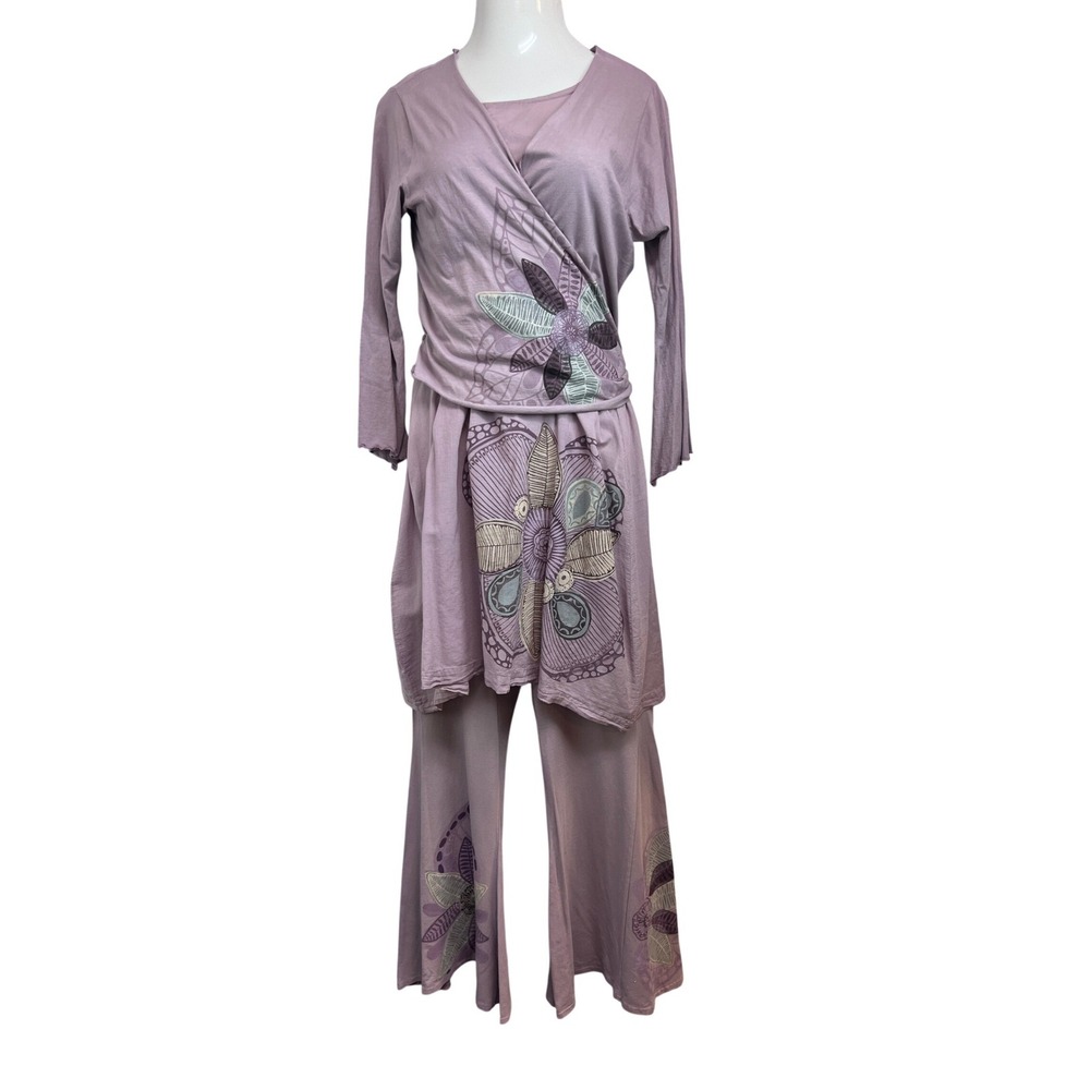 Bluefish 3 Piece Set Women‎ Size 1 Purple Excellent Floral Wrap Top Tunic Pants
